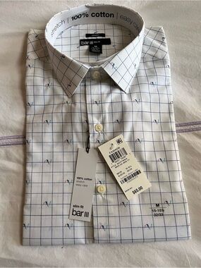Bar III White Dress Shirt with Blue Windowpane and Multicolor Micro Accent